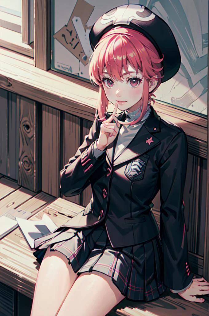 solo, cowboy shot, smile, sitting, <lora:jakuzure_nonon:0.7> jakuzure nonon, pink hat, <lora:ShuujinAcademySchoolUniform:0.8> GirlUniform, shuujin academy school uniform, black jacket, plaid skirt,, absurdres, ultra detailed, masterpiece, best quality, aesthetic, detailed,
