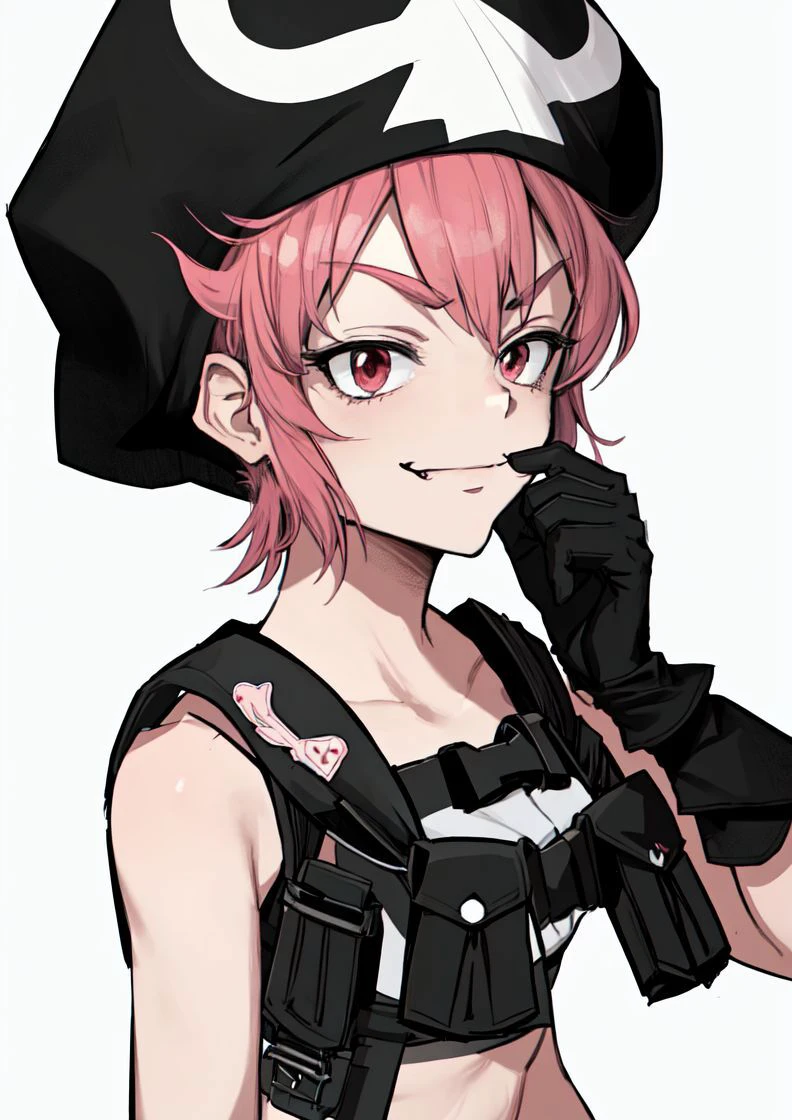 masterpiece, best quality, <lora:jakuzure_nonon-20:0.8>, (jakuzure nonon), (black soft hat), (holster), (black gloves),(utility belt),(shoulder holster), (hand up),(smug), (hand near face)