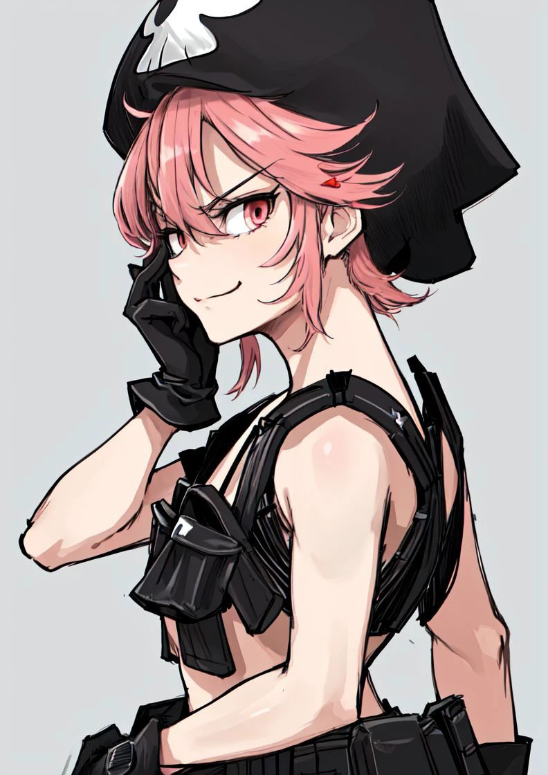 masterpiece, best quality, <lora:jakuzure_nonon-20:0.8>, (jakuzure nonon), (black soft hat), (holster), (black gloves),(utility belt),(shoulder holster), (hand up),(smug), (hand near face)