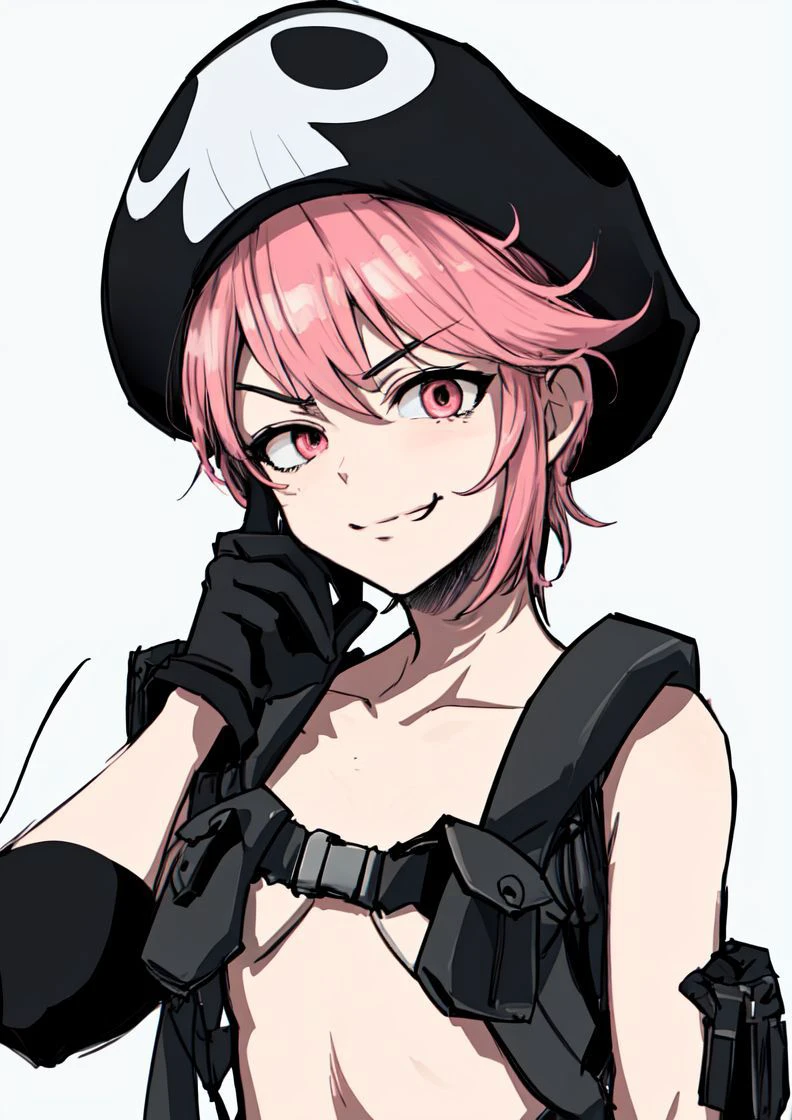 masterpiece, best quality, <lora:jakuzure_nonon-20:0.8>, (jakuzure nonon), (black soft hat), (holster), (black gloves),(utility belt),(shoulder holster), (hand up),(smug), (hand near face)