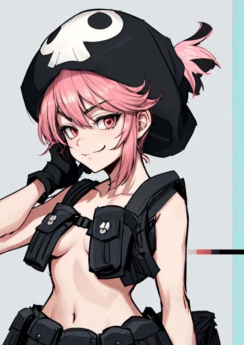 masterpiece, best quality, <lora:jakuzure_nonon-20:0.8>, (jakuzure nonon), (black soft hat), (holster), (black gloves),(utility belt),(shoulder holster), (hand up),(smug), (hand near face)