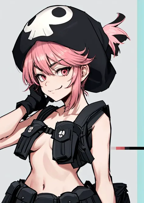 masterpiece, best quality, <lora:jakuzure_nonon-20:0.8>, (jakuzure nonon), (black soft hat), (holster), (black gloves),(utility belt),(shoulder holster), (hand up),(smug), (hand near face)