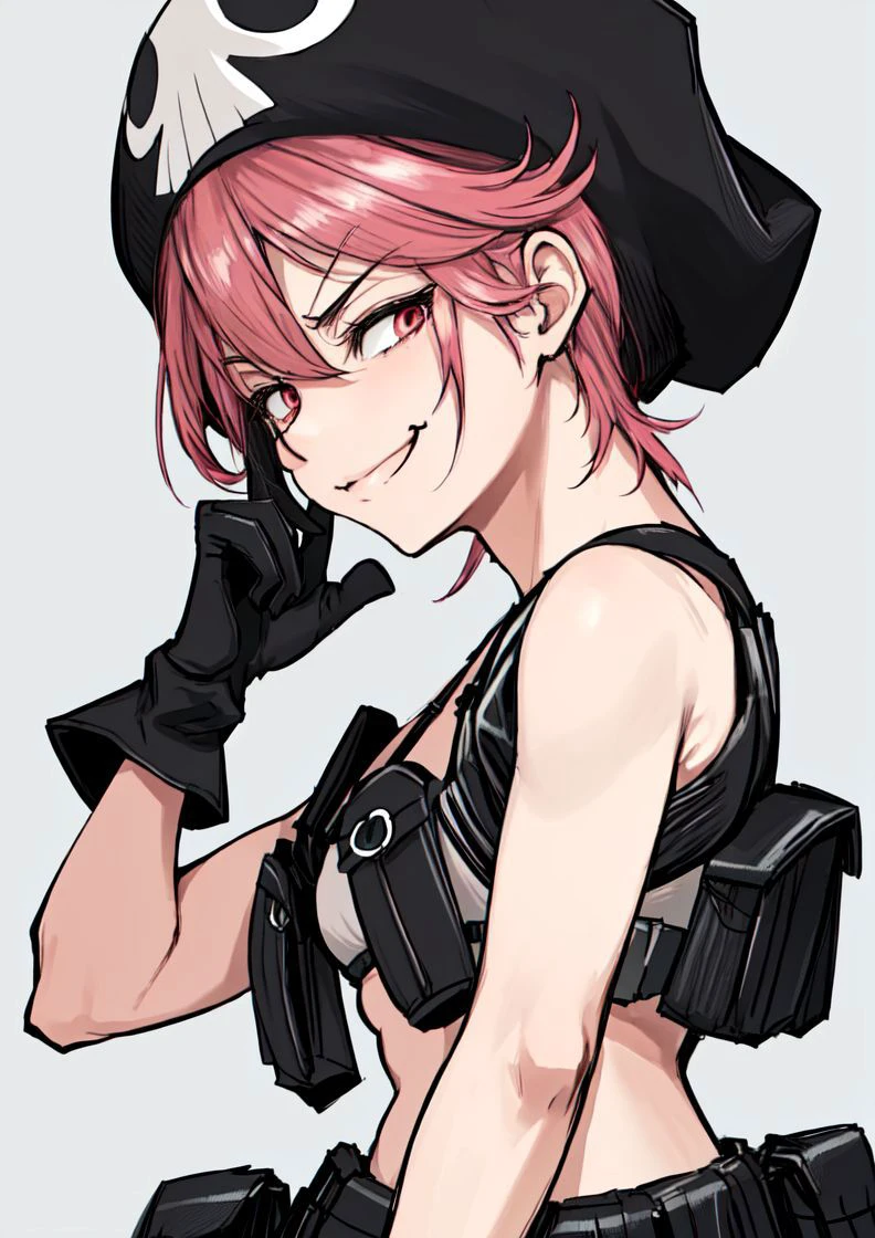 masterpiece, best quality, <lora:jakuzure_nonon-20:0.8>, (jakuzure nonon), (black soft hat), (holster), (black gloves),(utility belt),(shoulder holster), (hand up),(smug), (hand near face)
