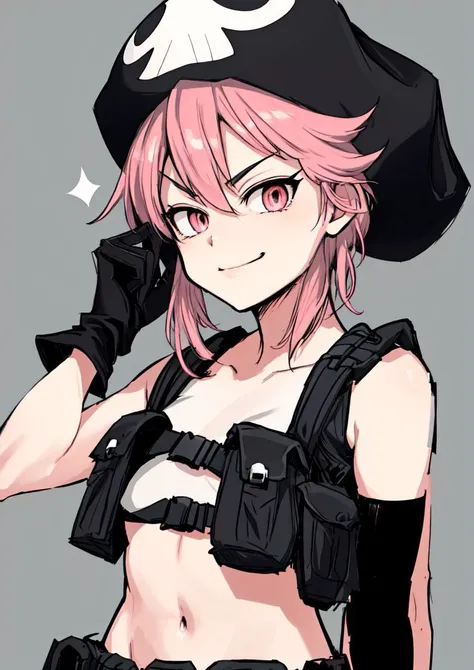 masterpiece, best quality, <lora:jakuzure_nonon-20:0.8>, (jakuzure nonon), (black soft hat),  (holster), (black gloves),(utility belt),(shoulder holster), (hand up),(smug), (hand near face)