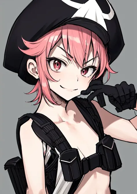 masterpiece, best quality, <lora:jakuzure_nonon-20:0.8>, (jakuzure nonon), (black soft hat), (holster), (black gloves),(utility belt),(shoulder holster), (hand up),(smug), (hand near face)