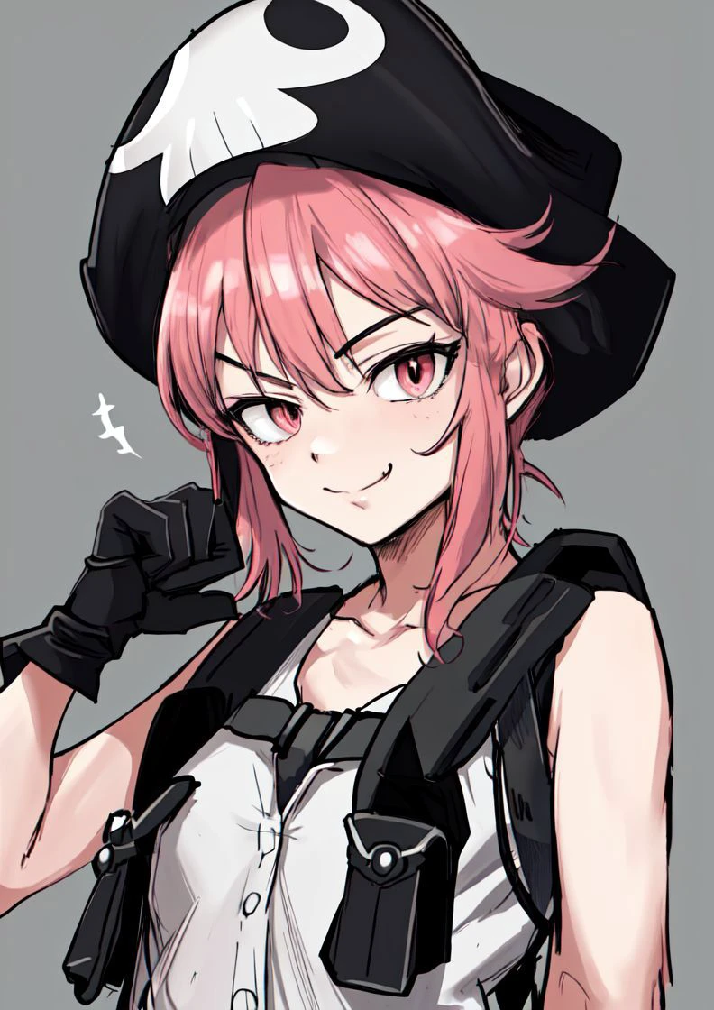 masterpiece, best quality, <lora:jakuzure_nonon-20:0.8>, (jakuzure nonon), (black soft hat), (holster), (black gloves),(utility belt),(shoulder holster), (hand up),(smug), (hand near face)