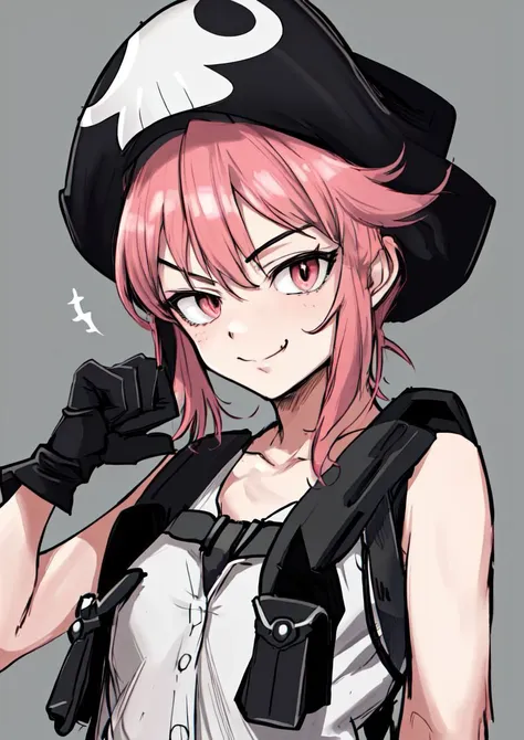 masterpiece, best quality, <lora:jakuzure_nonon-20:0.8>, (jakuzure nonon), (black soft hat),  (holster), (black gloves),(utility belt),(shoulder holster), (hand up),(smug), (hand near face)