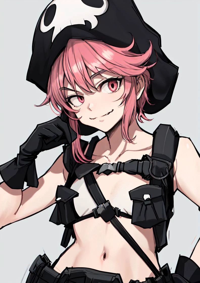 masterpiece, best quality, <lora:jakuzure_nonon-20:0.8>, (jakuzure nonon), (black soft hat), (holster), (black gloves),(utility belt),(shoulder holster), (hand up),(smug), (hand near face)