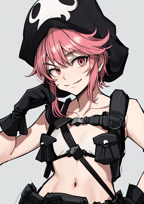 masterpiece, best quality, <lora:jakuzure_nonon-20:0.8>, (jakuzure nonon), (black soft hat), (holster), (black gloves),(utility belt),(shoulder holster), (hand up),(smug), (hand near face)