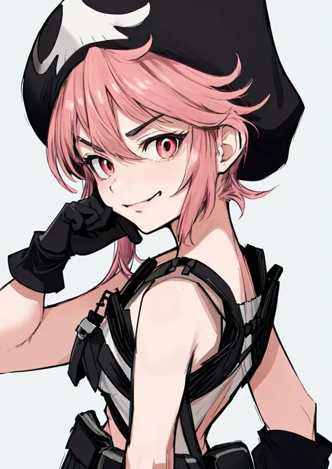 masterpiece, best quality, <lora:jakuzure_nonon-20:0.8>, (jakuzure nonon), (black soft hat),  (holster), (black gloves),(utility belt),(shoulder holster), (hand up),(smug), (hand near face)