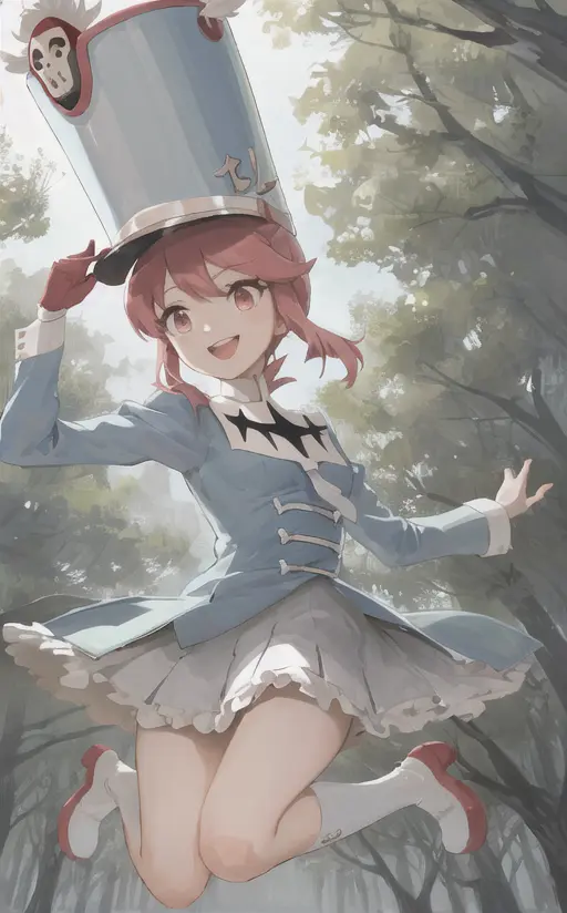 masterpiece, best quality, <lora:jakuzure_nonon-20:0.7>, (jakuzure nonon), shako cap, uniform, tassel, (happy), (hand up), (jumping), (forest), (sunlight)