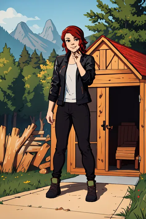 (masterpiece,best quality:1.2),full body,jesseC_soul3142,solo,1girl, red hair, jacket, pants,black clothes,standing,facing viewer,smiling,(stroking own chin:1.3),in front of log cabin,outdoors,