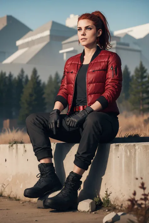 <lora:jesse_faden-10:0.6>,jesseC_soul3142, tactical clothes, open jacket, gloves, boots, ponytail, belt, full body, earrings, red hair, realistic, sitting,  outdoors,