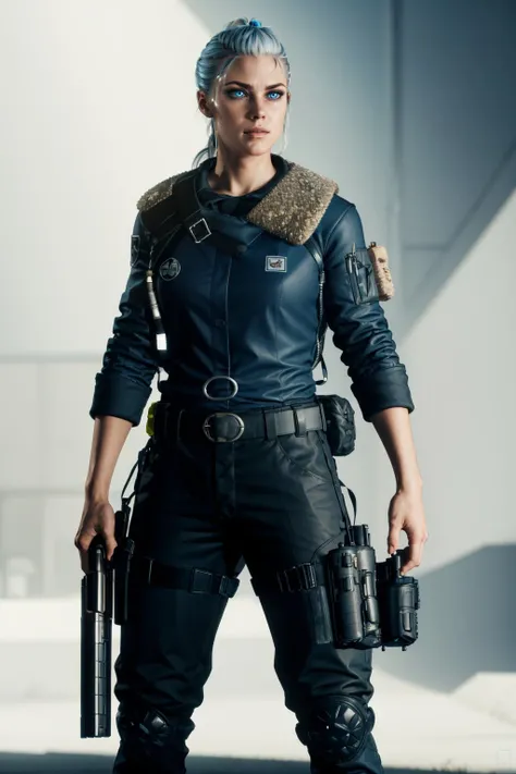 <lora:jesse_faden-10:0.6>,jesseC_soul3142, expedition uniform, blue eyes, handgun, pants, belt, holding gun, standing,
