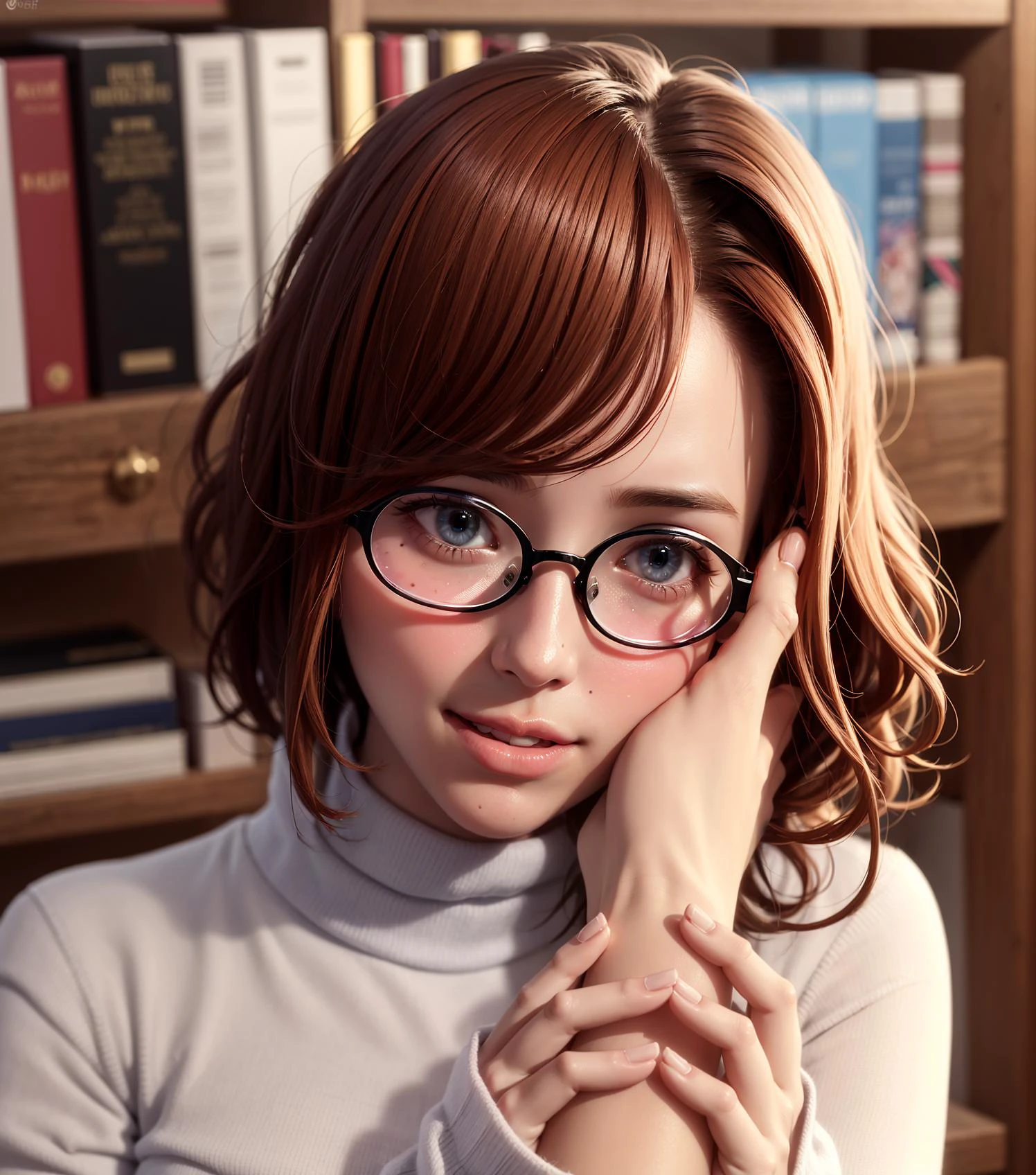 cgi, 3d, realistic, photorealistic, masterpiece, adult, 20yo 1girl standing with open arms wanting a kiss in narrow library,pov, vanishing point, sfw, young, cute, nerdy, bangs ,bookcases on each side , library, portrait, BREAK
(curly hair), red hair, medium hair, (orange hair), ((big glasses, black glasses)), (((((ginger))))) ,smiling,(freckels), blue eyes, (blushing, embarrased), (((closed mouth))), pov, solo focus, upper body, 1girl, hand on another's cheek BREAK
white turtleneck sweater, medium breasts <lora:concept_hoac:0.4> pov, solo focus, upper body, 1girl, hand on another's cheek BREAK
red plaid skirt,