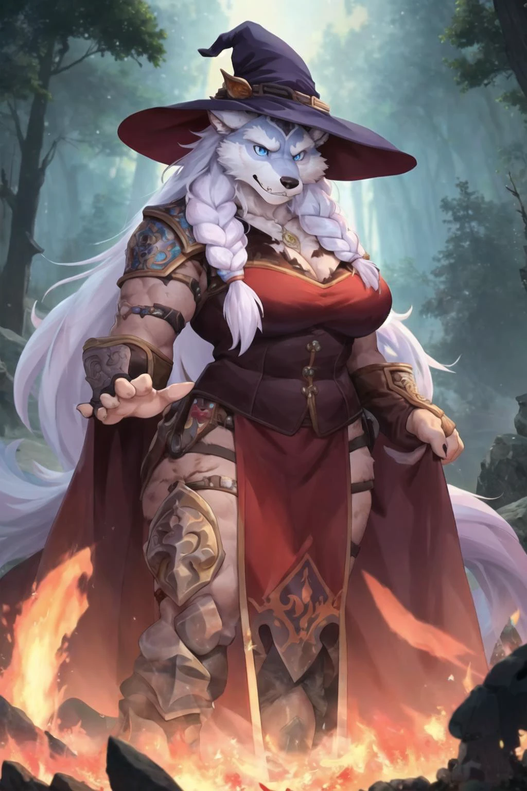 <lora:barbarianWoman_v10:1> <lora:purefurry_v0.2:0.8> <lora:musctonkStyle_v10:1> (masterpiece:1.2), (best quality:1.2), perfect eyes, perfect face, fire and ice, 1girl, (((female))), (mature female), ((anthro female)), voluptuous, long hair, (blue fur)thick braids, barbarian_woman, scars, markings, armor, (white fur), thighhighs, skindentation, muscular, toned, abs, fantasy, detailed outdoor background, anger, fury, mad, destruction, thunder, thunder storm, dramatic lighting, ((looking at viewer)), smirk , dress, witch hat