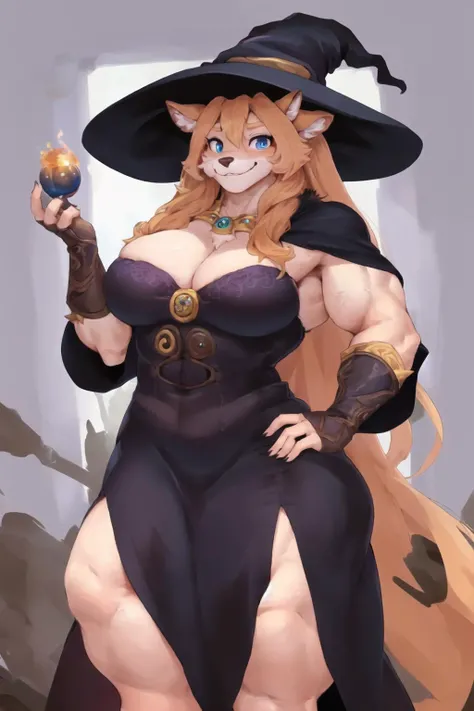 <lora:barbarianWoman_v10:1>  <lora:purefurry_v0.2:0.8>   <lora:musctonkStyle_v10:1> (masterpiece:1.2), (best quality:1.2), (perfect eyes), perfect face, ((2girls)), (((femdom))), ((smile)), happy, (((facesitting))), ((yuri)), ((small breasts)), ((female/female)), size difference, larger female, (muscular_female),  (mature female), ((anthro female)), voluptuous, long hair, thick hair, barbarian_woman, lipstick,eyeliner, makeup, markings, armor, big_hands, big ears, muscular, toned, abs, fantasy, detailed background, warm lighting, dramatic lighting, ((looking at viewer)), ((long dress)), (((witch hat))), (big hat), pointy hat, ((bedroom eyes)),  (blue fur), (white fur)