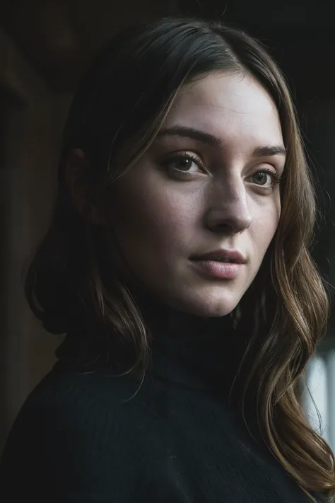 A stunning intricate full color portrait of mariaVal1, wearing a black turtleneck, epic character composition, by ilya kuvshinov, alessio albi, nina masic, sharp focus, natural lighting, subsurface scattering, f2, 35mm