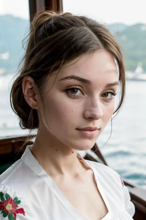RAW, real photo portrait, mariaVal1 , on a boat, (wearing a white floral shirt), pretty face, insanely detailed eyes, black hair, high ponytail, bokeh, natural light, depth of field, golden hour, sharp focus