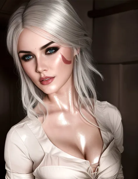 a woman, silver hair, sexy, perfect breast, sweaty, medieval castle, dark shot <lora:Ciri:0.85>