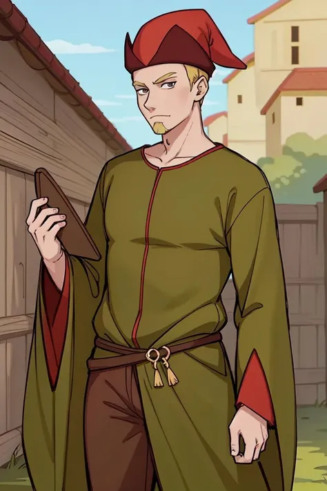 (anime), (illustration), cartoon, detailed, kalivan, 1boy, solo, male focus, young man,  facial hair, hat, blonde hair , robe <lora:kolivan:0.55>