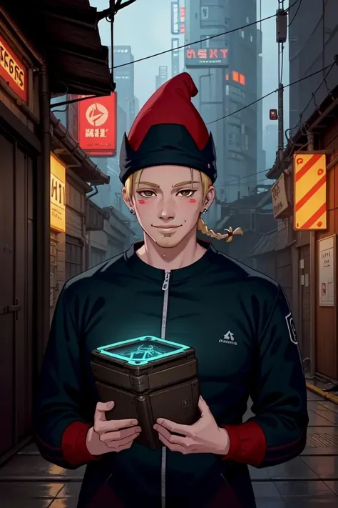 (dark theme:0.6), kalivan, solo, smile, blonde hair, 1boy, hat, holding, brown eyes, jewelry, upper body, braid, male focus, earrings, facial hair, blush stickers,  <lora:kolivan:0.55>, (hdr:1.22), muted colors, complex background, hyperdetailed, art [[by jordan grimmer]], (cyberpunk:1.3), in heavy raining futuristic tokyo rooftop cyberpunk night, sci-fi, fantasy, intricate, very very beautiful, elegant, neon light, highly detailed, digital painting, artstation, concept art, soft light, hdri, smooth, sharp focus, illustration, art by tian zi and craig mullins and wlop and alphonse mucha