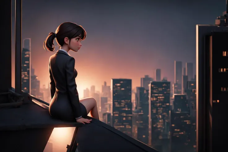 <lora:Neo_Noir_Style_sd1.5:1> neo noir, a girl in a school uniform, viewed from behind, sitting on top of a building overlooking a city at night