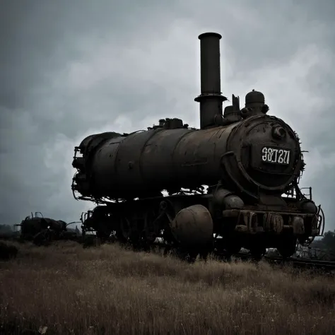 <lora:Neo_Noir_Style_sd1.5:1> neo noir, an abandoned steam locomotive in a scrapyard