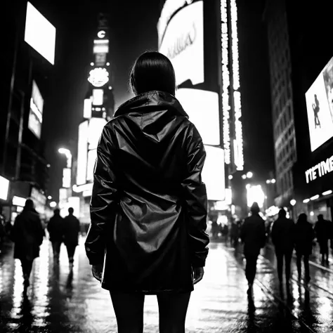 <lora:Neo_Noir_Style_sd1.5:1> neo noir, black and white photograph, a woman in a raincoat viewed from behind standing in Times Square at night