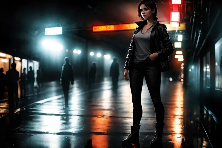 <lora:Neo_Noir_Style_sd1.5:1> neo noir, a woman standing, waiting for a train at a train station at night in the rain