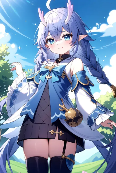 Park, magix, masterpiece, best quality, Pointy ears, <lyco:bailu:0.8>, (Bailu:1.0), blue bow, Cute, Sleeves, twin braids, (horns:0.6)