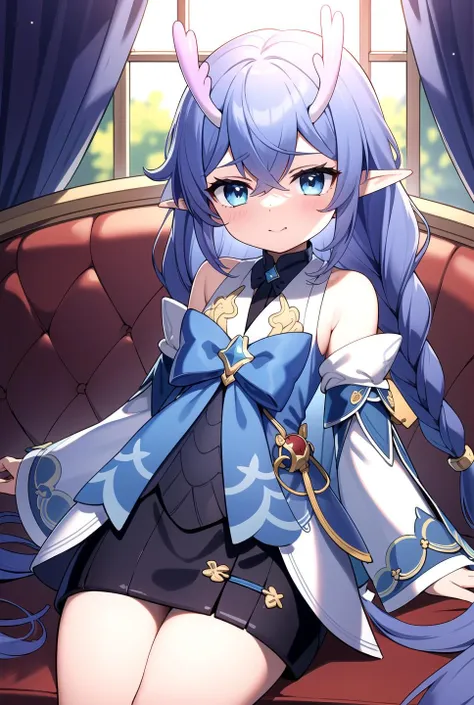 Park, magix, masterpiece, best quality, Pointy ears, <lyco:bailu:0.8>, (Bailu:1.0), blue bow, Cute, Sleeves, twin braids, (horns:0.6), pale purple blue hair