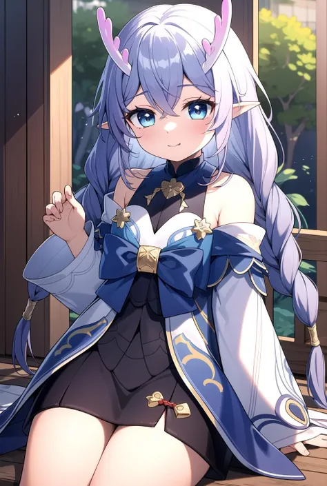 Park, magix, masterpiece, best quality, Pointy ears, <lyco:bailu:0.8>, (Bailu:1.0), blue bow, Cute, Sleeves, twin braids, (horns:0.6), silver hair