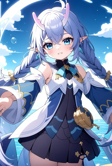 Park, magix, masterpiece, best quality, Pointy ears, <lyco:bailu:0.8>, (Bailu:1.0), blue bow, Cute, Sleeves, twin braids, (horns:0.6), silver hair