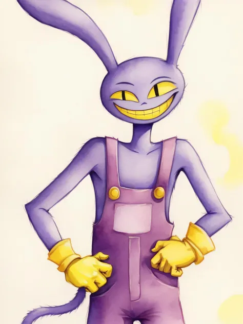 Watercolor painting JaxAmazing , bunny man , purple fur , yellow gloves, purple overalls, naked overalls , smile <lora:JaxAmazingSDXL-000007:0.73>
. Vibrant, beautiful, painterly, detailed, textural, artistic