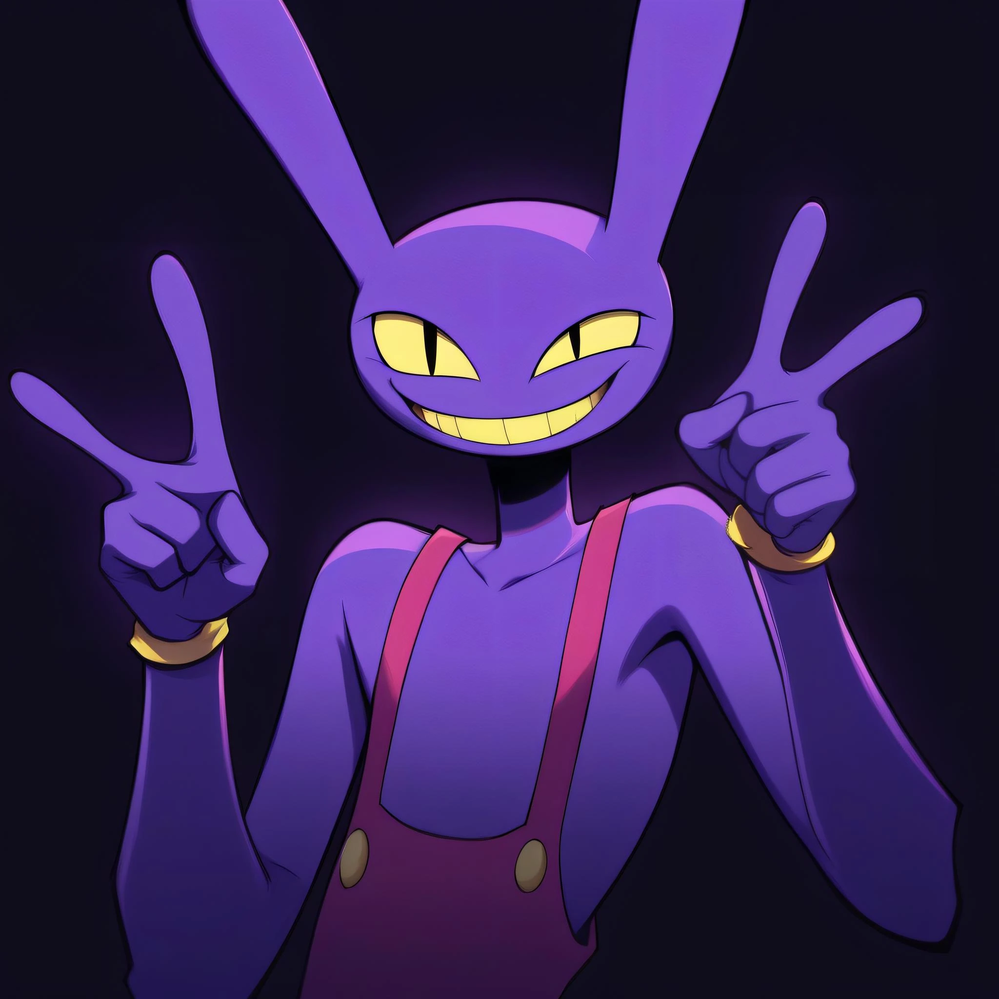 anime artwork JaxAmazing , bunny man , purple fur , yellow gloves, purple overalls, naked overalls , pointing at the camera , dark lighting , black and white and red eyes , anime style <lora:JaxAmazingSDXL-000007:0.9> . anime style, key visual, vibrant, studio anime, highly detailed