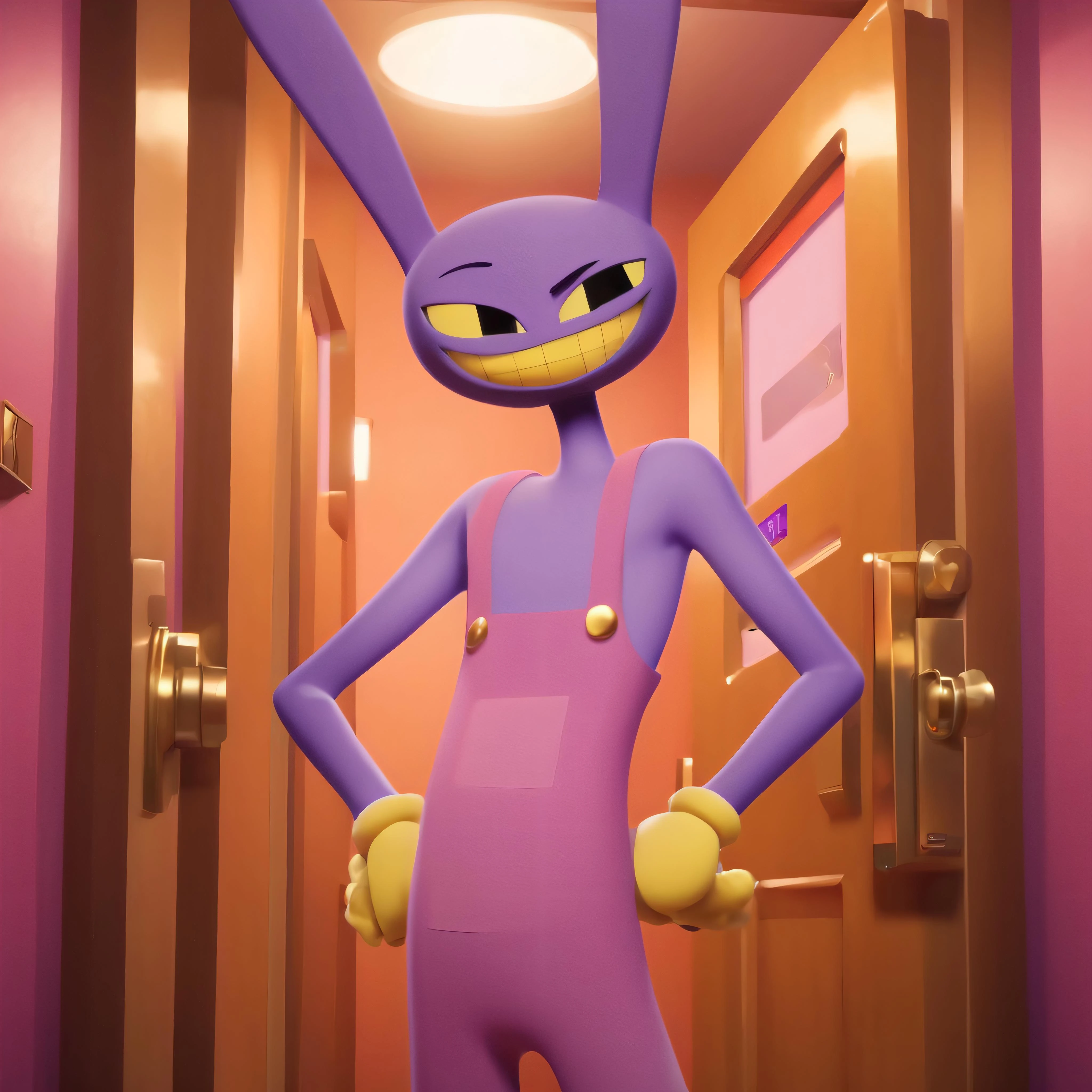 anime artwork JaxAmazing , bunny man , purple fur , yellow gloves, purple overalls, naked overalls , 2d, looking at the camera , emergency exit doors background , anime style <lora:JaxAmazingSDXL-000008:0.9> . anime style, key visual, vibrant, studio anime, highly detailed