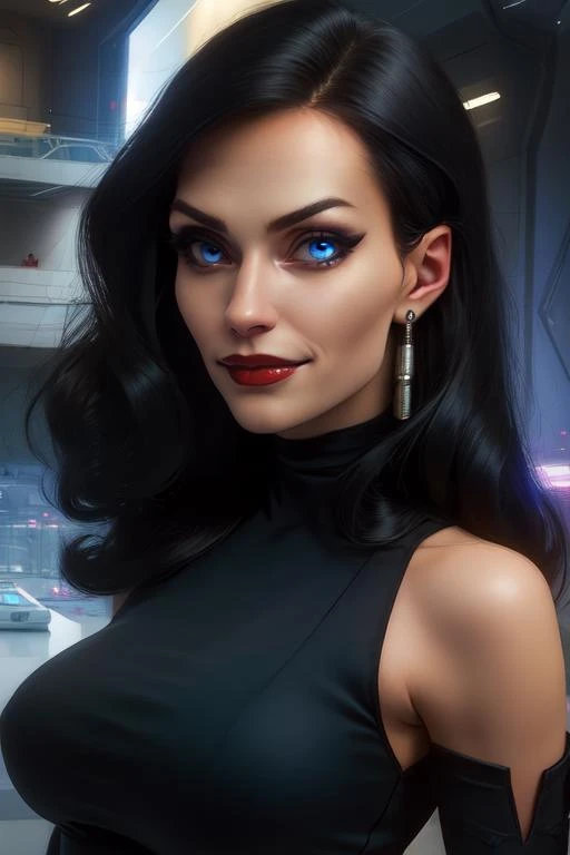 Brimstone, black hair, lips, blue eyes,  smug, light smile, 
black dress,  skin tight, elbow gloves, 
 standing,  solo, upper body, 
  secret base, science fiction,  
 (insanely detailed, beautiful detailed face, masterpiece, beautiful detailed eyes, best quality)
 <lora:persephonebrimstone:0.8>