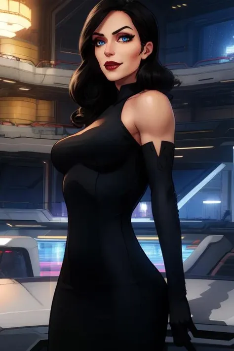 Brimstone, black hair, lips, blue eyes, smug, light smile,
black dress, skin tight, elbow gloves, cowboy shot,
standing, solo, upper body,
secret base, science fiction,
(insanely detailed, beautiful detailed face, masterpiece, beautiful detailed eyes, best quality)
<lora:persephonebrimstone:0.8>