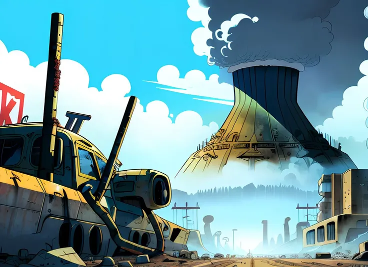 post apocalyptic nuclear wasteland, from the video game Fallout, detailed illustration, cartoon, in the style of gravityfalls, <lora:gravityFallsStyle_v1:0.5>