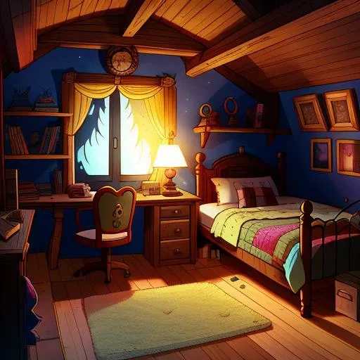 An image of a cozy night time bedroom scene in the style of the Gravity Falls animated TV show. The room is filled with quirky and mysterious elements, with a touch of supernatural vibes. The walls are adorned with posters of mysterious creatures, and there are shelves filled with curious books and odd knick-knacks. The bed is nestled in one corner, with a colorful and mismatched patchwork quilt and lots of fluffy pillows. A desk is cluttered with various gadgets and journals, and a glowing flashlight is sitting on top. The room is lit with warm and dim lighting, giving it a cozy and inviting atmosphere. There's a hint of mystery and adventure in the air, as if something supernatural might happen at any moment. It's a perfect bedroom for a young adventurer or a fan of the Gravity Falls show to relax and dream of mysterious adventures!
in the style of gravityfalls, <lora:gravityFallsStyle_v1:0.5>