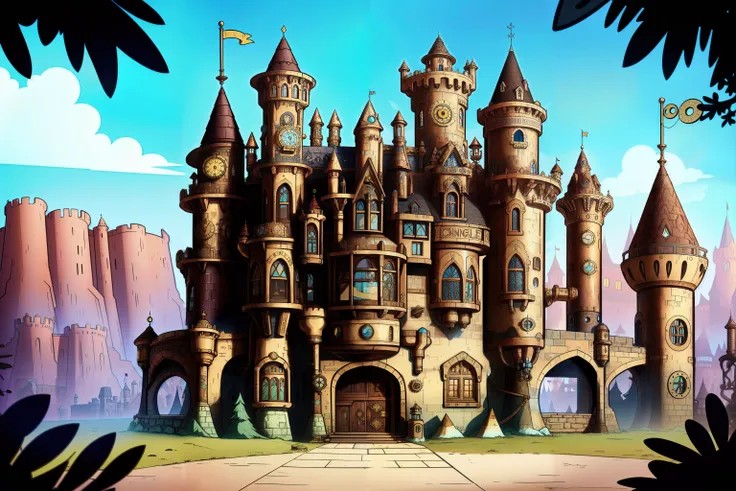 a steampunk castle, detailed illustration, cartoon, in the style of gravityfalls, <lora:gravityfalls_v1:0.5>