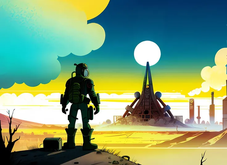 post apocalyptic nuclear wasteland, from the video game Fallout, detailed illustration, cartoon, in the style of gravityfalls, <lora:gravityFallsStyle_v1:0.5>