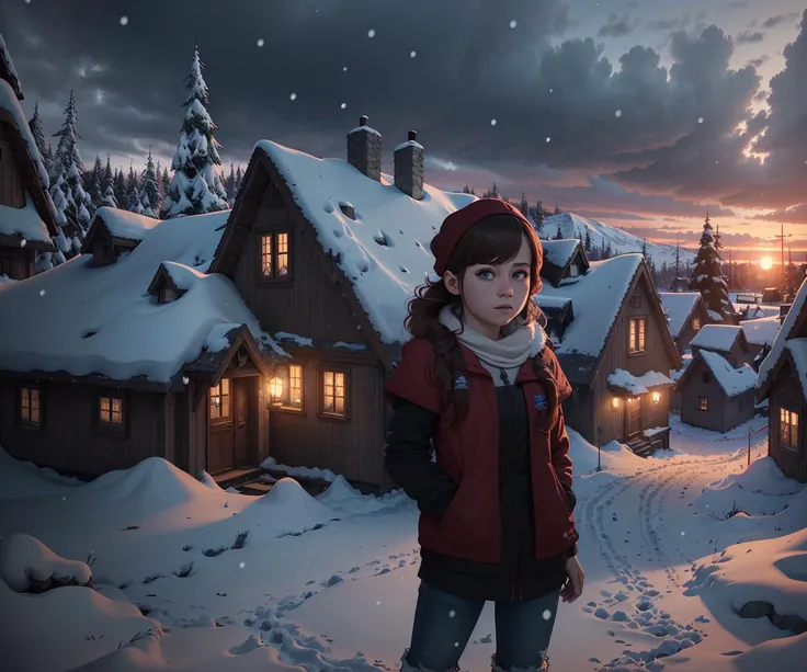norway, snow, high quality, 8k, realistic, best lighting, detailed, sunrise, utra high res, (1girl:1.1), photorealistic, raw photo, best quality, masterpiece, in the style of gravityfalls <lora:gravityFallsStyle_v1:0.5>