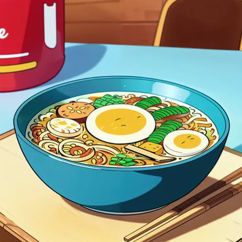 up close shot of a delicious bowl of ramen on a kitchen table, detailed illustration, cartoon, in the style of gravityfalls, <lora:gravityfalls_v1:0.5>