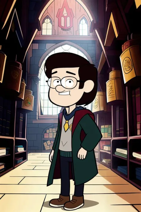 A student inside Hogwarts, detailed illustration, cartoon, in the style of gravityfalls, <lora:gravityfalls_v1:0.5>