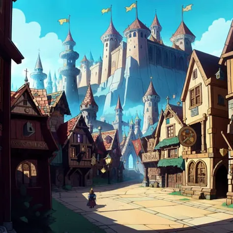 a fantasy medieval city, detailed illustration, cartoon, in the style of gravityfalls, <lora:gravityfalls_v1:0.5>