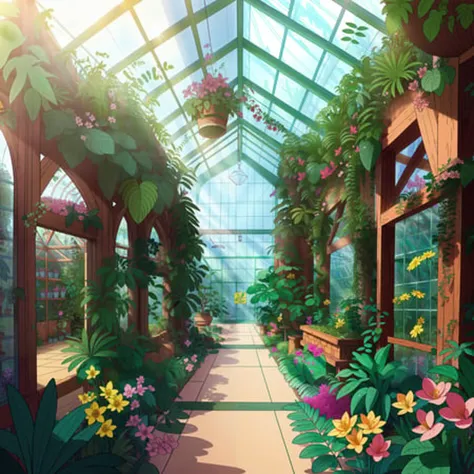 a luscious botanical garden inside a massive greenhouse, detailed illustration, cartoon, in the style of gravityfalls, <lora:gravityfalls_v1:0.5>