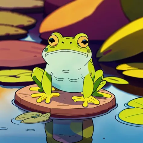 up close shot of a frog sitting on a lily pad in a pond, detailed illustration, cartoon, in the style of gravityfalls, <lora:gravityfalls_v1:0.5>