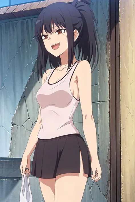 (exceptional, best aesthetic, new, newest, best quality, masterpiece, extremely detailed), Anetoro, 1girl, mole under eye, solo, brown eyes,black hair, ((perfect female body)), tank top,shirt, black skirt, ponytail, evil smile, open mouth, cowboy shot, <lora:Anetoro_V1:0.7>